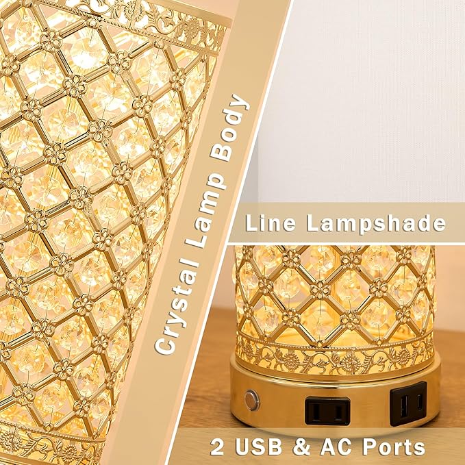 SAIWEYA Crystal Table Lamp Set of 2-24in Gold Bedroom Lamps 3-Way Dimmable Touch Lamp with Night Light, 2 USB Ports + AC Outlet Bedside Night Stand Lamp for Living Room (Gold-2 Pack 24In)