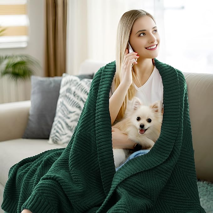 Knitted Throw Blanket 50"X60", Dark Green Knit Throws for Bed, Super Soft Boho Chevron Blankets for Couch Sofa Chair Room Decor, Textured Decorative Farmhouse Cozy Lightweight