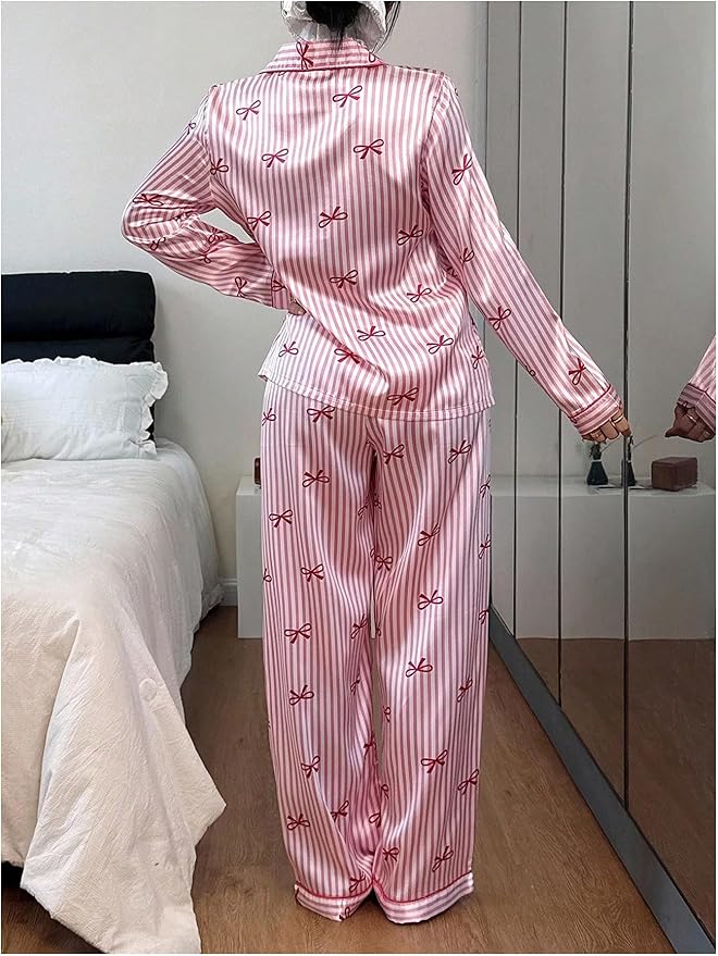 WDIRARA Women's 2 Piece Bowknot Print Satin Pajama Set Long Sleeve Button Down Lounge Pants Sleepwear Sets