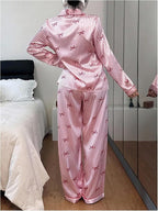 WDIRARA Women's 2 Piece Bowknot Print Satin Pajama Set Long Sleeve Button Down Lounge Pants Sleepwear Sets