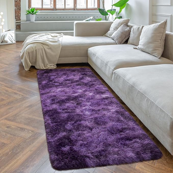 Softlife Dark Purple Area Rug for Bedroom, Fluffy Shag Plush Tie Dyed Rugs for Living Room Girls, Shaggy Throw Carpet for Kids Soft Fuzzy Runner Small 2x6 Runners for Hallways Dorm