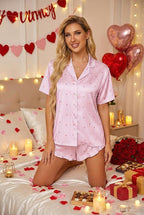 HOTOUCH Womens Satin Pajamas Set Button Down 2 Piece Silk Pjs Shorts Set Ruffle Lingerie Notch Collar Sleepwear