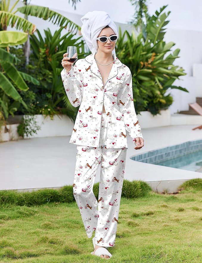 Ekouaer Pajamas For Women Set Silk Pjs 2 Piece Satin Sleepwear Long Sleeve Button Down Lounge Sets With Pant