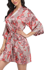 Women's Floral Satin Robes Bride Bridesmaid Getting Ready Robe Short Silky Kimono Sleepwear for Wedding Party