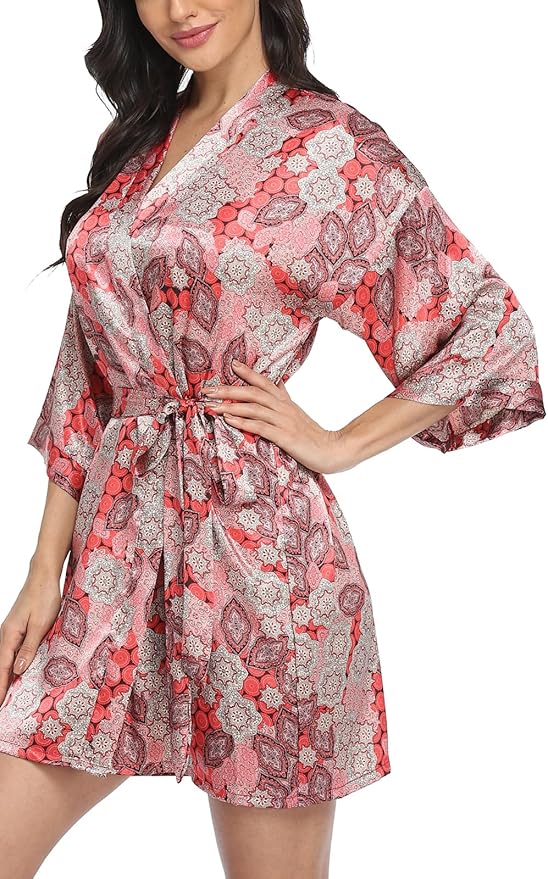 Women's Floral Satin Robes Bride Bridesmaid Getting Ready Robe Short Silky Kimono Sleepwear for Wedding Party