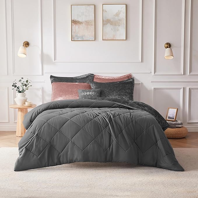 Intelligent Design Twin Comforter Set, Velvet Comforter Set , Luxury Diamond Quilting Comforter Set, Fluffy Comforter Bed Set with Decorative Pillowand 1 Sham, 3 Piece Grey, Twin/Twin XL