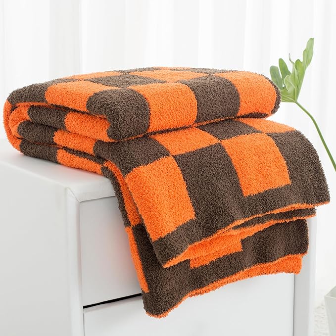 Carriediosa Checkered Throw Blanket 50" X 60", 400GSM Ultra Soft Microfiber Fuzzy Fluffy Reversible Cute Preppy Knitted Blankets Cozy Plush Fall Throws for Couch, Bed, Sofa, Burnt Orange