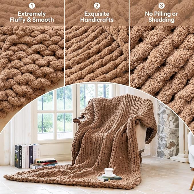 Chunky Knit Blanket - Luxury Soft Cozy 40 * 50 Throw Blanket,100% Woven Blanket Rope Knot Throw Blanket for Couch, Sofa, Home Decor, Gift - Machine Washable (Brown, 40 * 50)