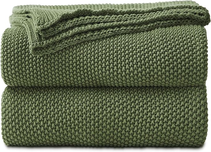 Longhui bedding Olive Green Cotton Cable Knit Throw Blanket for Couch Sofa Bed, Home Decorative Lightweight Knitted Blankets with Bonus Laundering Bag, 60“ x 80”, Machine Washable