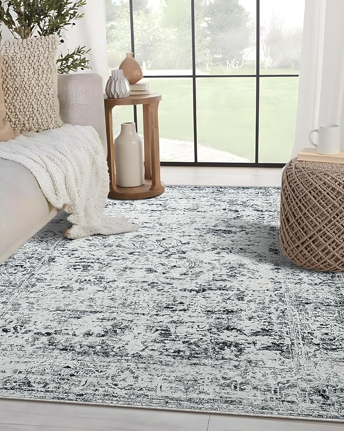 CRYPTOLITE Washable Area Rugs 5x7 Vintage Rug Non Slip Low Pile Faux Wool Soft Carpet for Living Room Bedroom Dining Room Farmhouse Bathroom Kids Playroom Grey