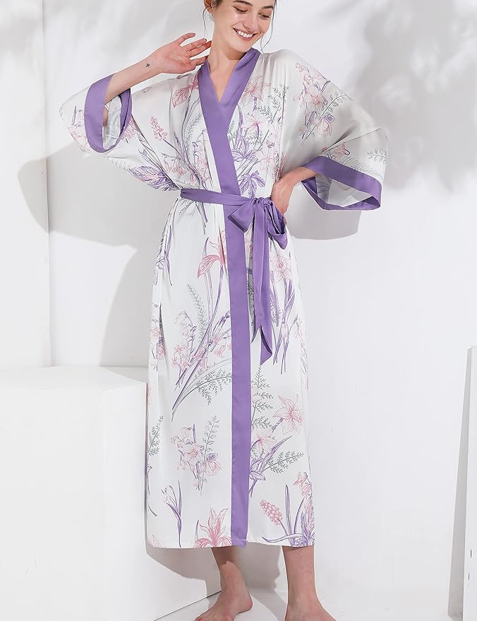 Aensso Long Soft Lightweight Silky Kimonos Robes for Women, Luxury Japanese Floral Womens Kimono Robe