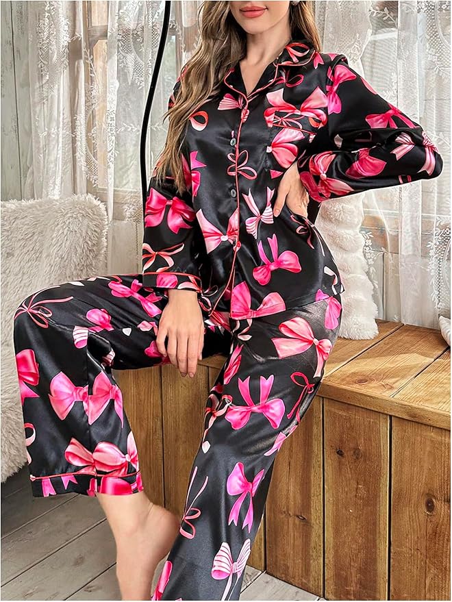 WDIRARA Women's 2 Piece Bowknot Print Satin Pajama Set Long Sleeve Button Down Lounge Pants Sleepwear Sets