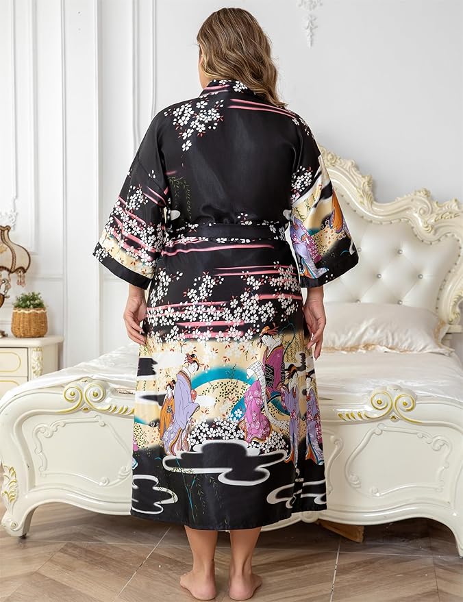 Women's Floral Long Satin Robes Plus Size Long Silk Robes Peacock Floral Kimonos Sleepwear Dressing Gown