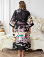 Women's Floral Long Satin Robes Plus Size Long Silk Robes Peacock Floral Kimonos Sleepwear Dressing Gown