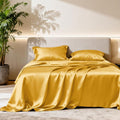 Love's cabin 4Piece California King Satin Bed Linen Set, Gold Silky Satin Sheets, Deep Pocket, Luxury Silk Feel, 1 Flat, 1 Fitted Sheet, 2 Pillow Cases