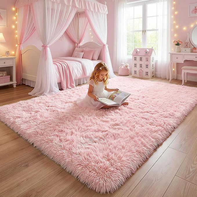 Pink Area Rugs for Bedroom Girls, Living Room Decor, Fluffy Fuzzy Shag Rug 4x6 for Kids Room, Soft Cute Indoor Floor Carpet for Baby, Teen, Nursery, Preppy Dorm, Playroom, Plush Aesthetic Bedside Rug