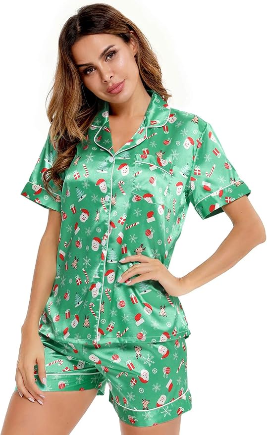 SWOMOG Womens Silk Satin Pajamas Set Short Sleeve Sleepwear Button Down Top and Shorts Loungewear 2 Piece Pjs Set XS-3XL
