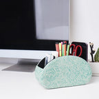 QIELIZI Remote Control Holder, PU Leather Remote Caddy Desktop Organizer with 5 Spacious Compartments for TV Remotes/Media Controllers/Office Supplies (1-Carved3 Green2