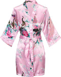 Women's Short Kimono Robes Bride and Bridesmaid Satin Floral Bathrobe Peacock Sleepwear Dressing Gown for Wedding Party