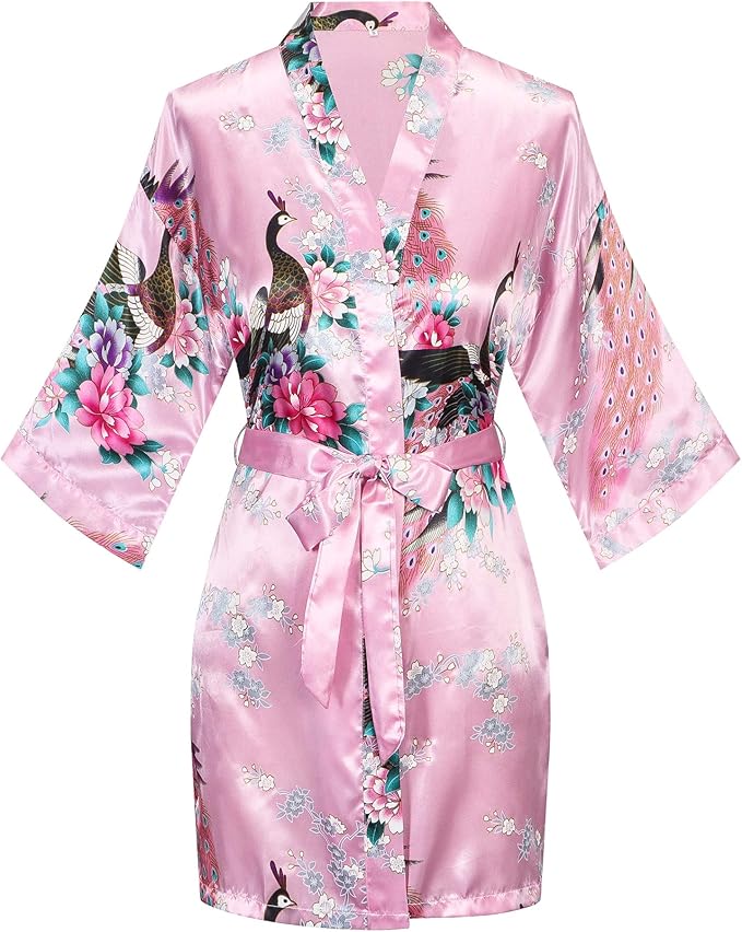 Women's Short Kimono Robes Bride and Bridesmaid Satin Floral Bathrobe Peacock Sleepwear Dressing Gown for Wedding Party