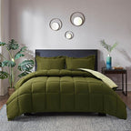 HIG 3pc Olive Green Queen Comforter Set - All Season Reversible Down Alternative Comforter with Two Shams - Quilted Duvet Insert with Corner Tabs - Box Stitched - Breathable, Soft, Fluffy