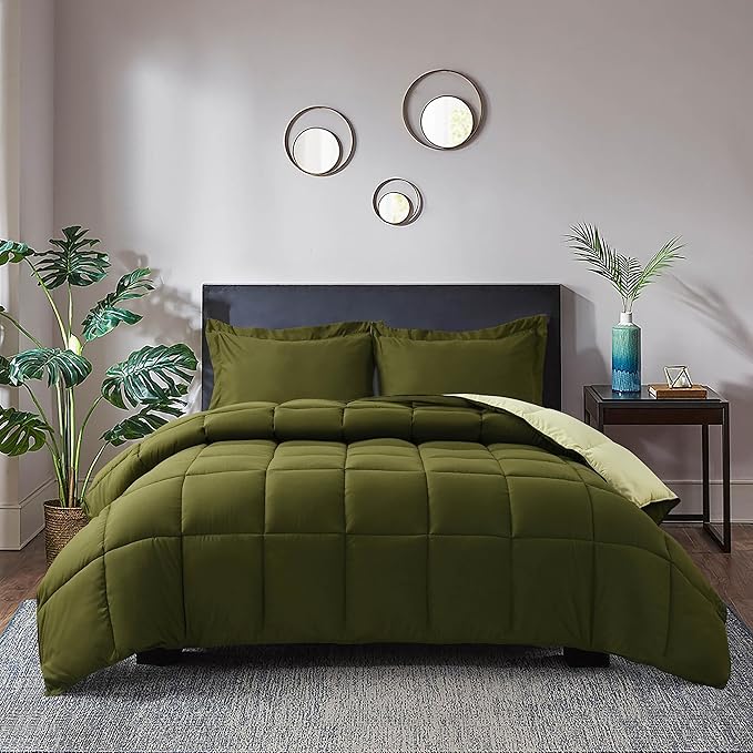HIG 3pc Olive Green Queen Comforter Set - All Season Reversible Down Alternative Comforter with Two Shams - Quilted Duvet Insert with Corner Tabs - Box Stitched - Breathable, Soft, Fluffy