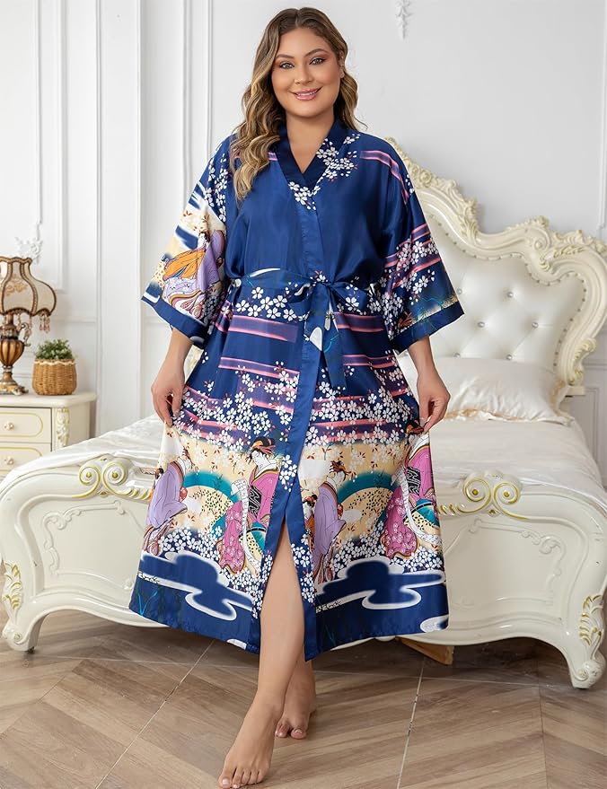 Women's Floral Long Satin Robes Plus Size Long Silk Robes Peacock Floral Kimonos Sleepwear Dressing Gown