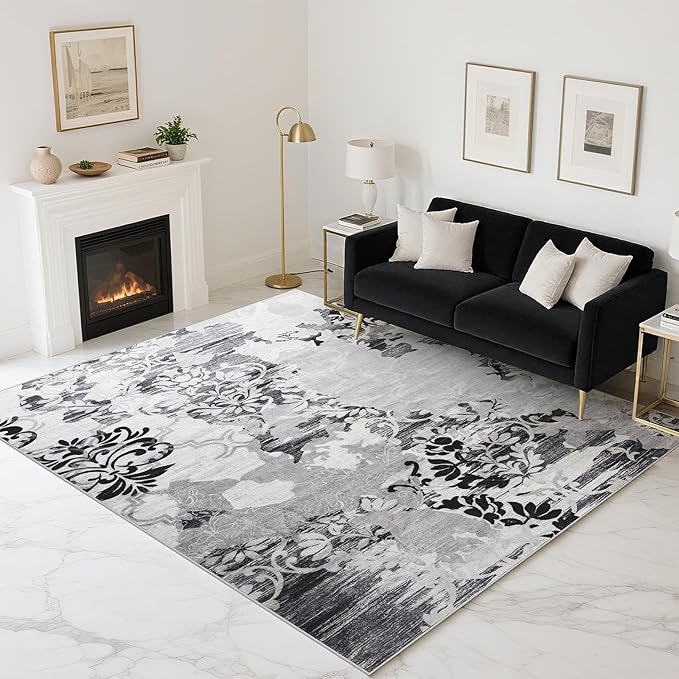 CRYPTOLITE Abstract Area Rug Washable Rug with Non-Slip Backing Low Pile Area Rugs for Living Room, Bedroom, Dining Room,4x6, Grey