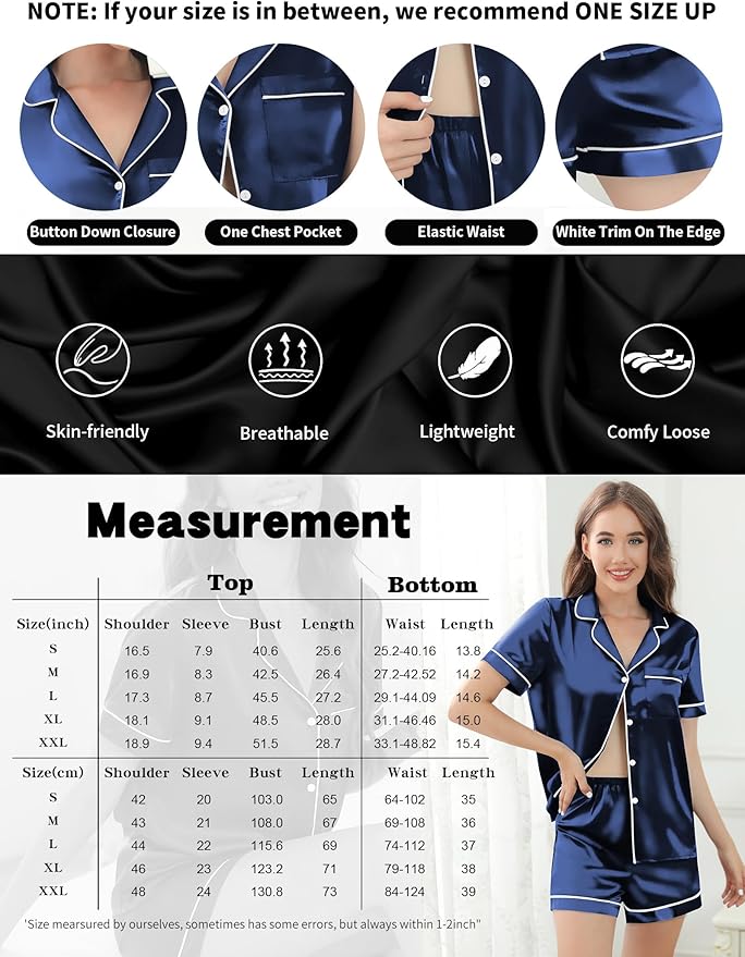 Silk Pajamas for Women Satin Womens PJ Set 2 Piece Short Lounge Set Summer Sleepwear Notch Collar Button-Down Pjs