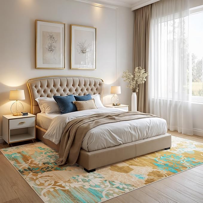 CRYPTOLITE Area Rugs 9x12 Rug for Living Room Abstract Washable Rug with Non-Slip Backing Low Pile Area Rugs for Bedroom, Dining Room, Orange-Yellow