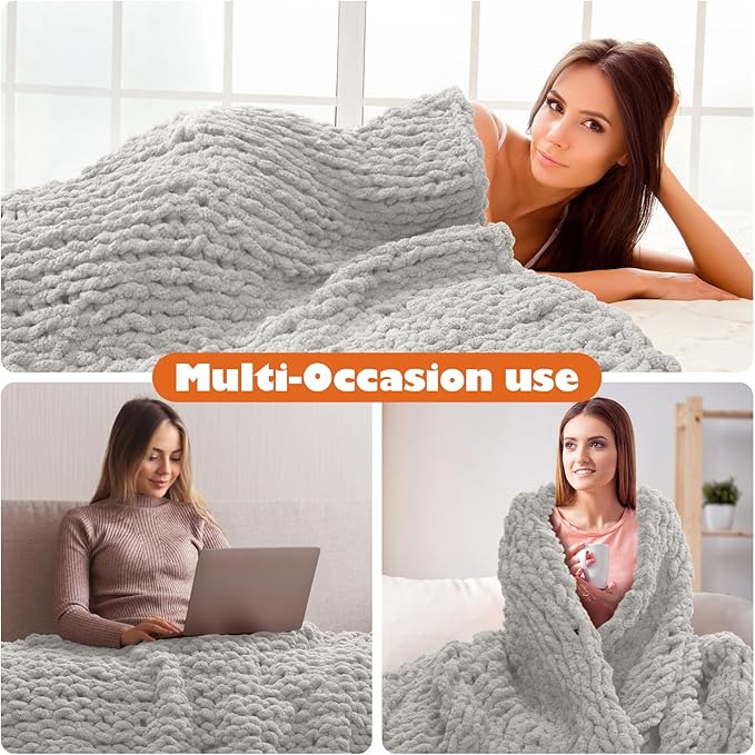 Chunky Knit Blanket Throw, 60x80inch Soft Chenille Yarn Throw, Handmade Warm Thick Cable Knit Crochet Blanket, Large Rope Knot Throw Blanket for Couch Bed Sofa,Light Grey