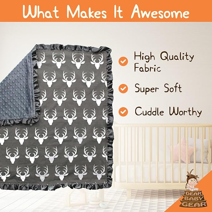 Dear Baby Gear - Reversible Baby Blankets - Soft Nursery Blanket for Newborn - Toddler Blankey - Throw Blanket for Boys & Girls - Infant Blankets - 42x32 (Antlers Grey with Ruffles)