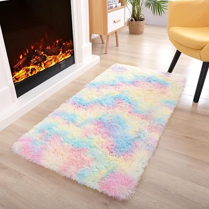 Noahas Fluffy Pink Rainbow Rugs for Bedroom Girls,Kids Rug for Room,Soft Small Carpet,Playroom Shag Nursery Dorm Rugs Living Room Decor, 2 x 3 Feet
