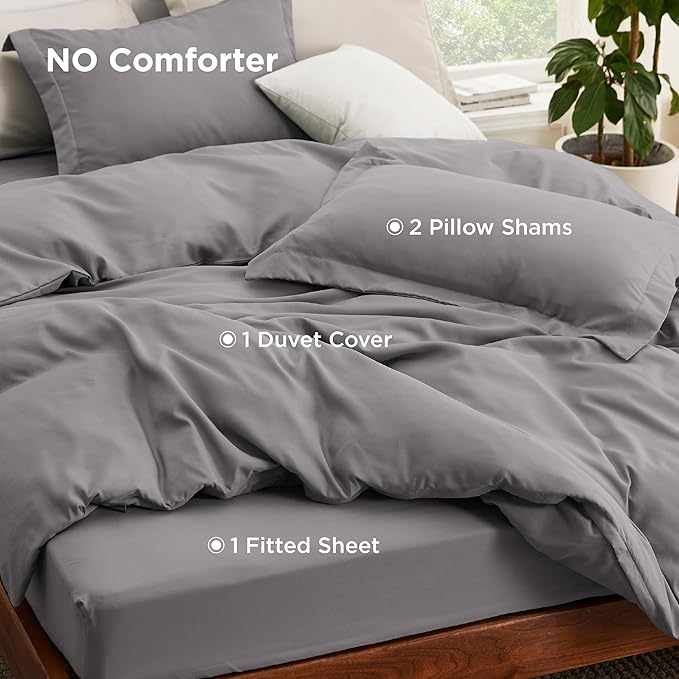 Bedsure Duvet Cover with Fitted Sheet Queen - Cooling Deep Pocket, Hotel Luxury Soft Double Brushed Bedding Set with Zipper Closure, 1 Duvet Cover, 1 Fitted Sheet, 2 Pillow Shams, NO Comforter, Grey