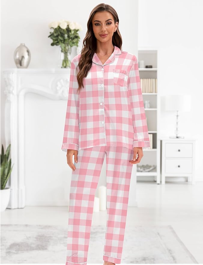 EPLAZA Silk Pajamas for Women Satin Pajamas Set 5 Pcs Long Sleeve Print Pattern Button Down Pjs Sleepwear Loungewear Set