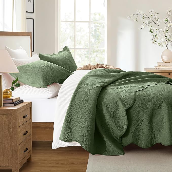 IR Imperial Rooms Twin Quilt Bedding Set Size (68” x 86”) + 1 Pillow Shams (20” x 26” + 2”) - 2 Pcs All Season Lightweight Reversible Microfiber Coverlet Floral Embossed Quilt Bedspread (Olive Green)