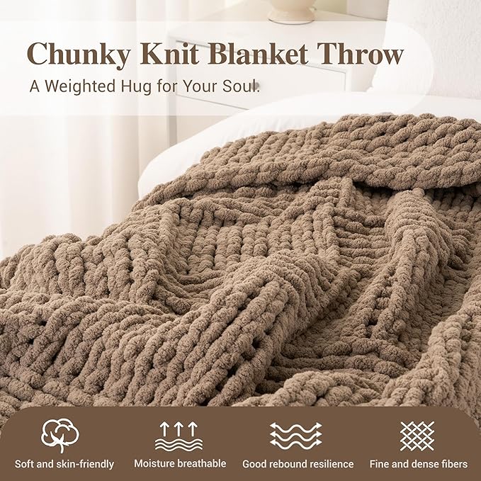 Bunnikins & Clover Beige Throw Blanket for Couch, Chunky Knit Beige Throw for Bed, Neutral Throw Blankets Tan Throw Blanket for Room Decor Housewarming Gifts, 50"x60"
