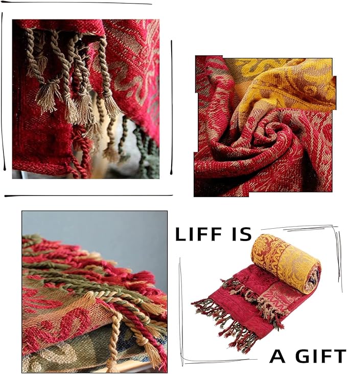 Bohemian Throw Blanket Hippie Chenille Jacquard Tassels Soft Chair Cover for Bed Couch Decorative Boho Throw Blankets - Colorful Tribal Pattern