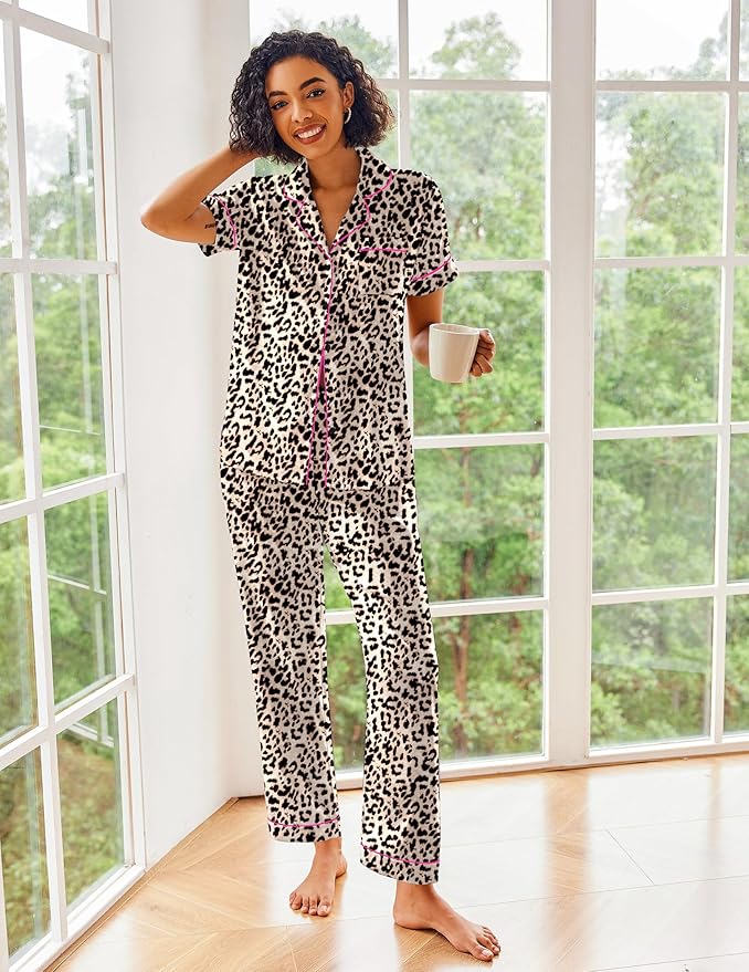 Ekouaer Silk Satin Pajamas Set Women Short Sleeve Sleepwear Soft Button Down Loungewear Pjs Set