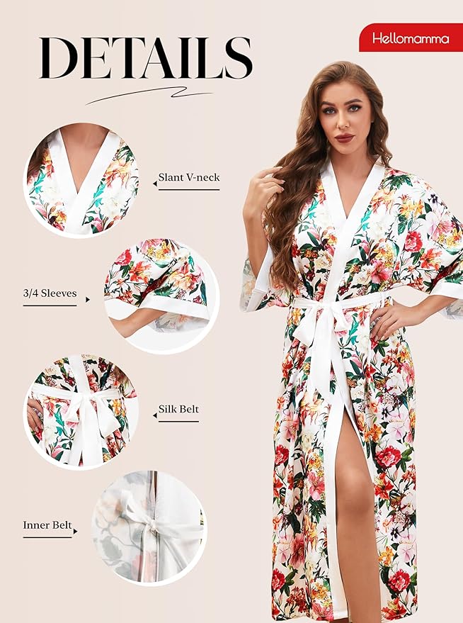Hellomamma Womens Satin Silk Robe: Lightweight 3/4 Sleeve Comfy Floral Print Kimono Sleepwear for Bride Wedding Party Gift
