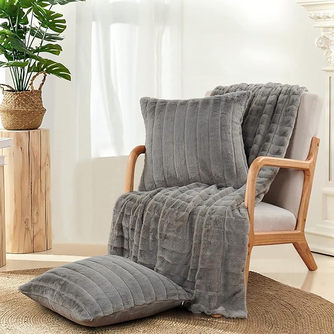Striped Throw Blanket and Pillow Covers Set (No Inserts) for Couch and Bed, Plush Warm Lightweight Fuzzy Faux Fur Blanket for All Seasons (60" x 80", Gray)