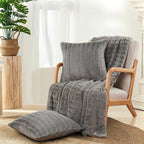 Striped Throw Blanket and Pillow Covers Set (No Inserts) for Couch and Bed, Plush Warm Lightweight Fuzzy Faux Fur Blanket for All Seasons (60" x 80", Gray)