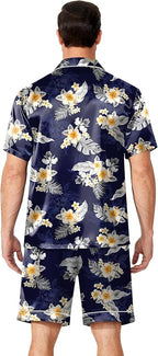 Ekouaer Mens Pajamas Set Silk Satin Sleepwear Short Sleeve Button Down Pjs Set 2 Piece Loungewear with Pockets S-XXL