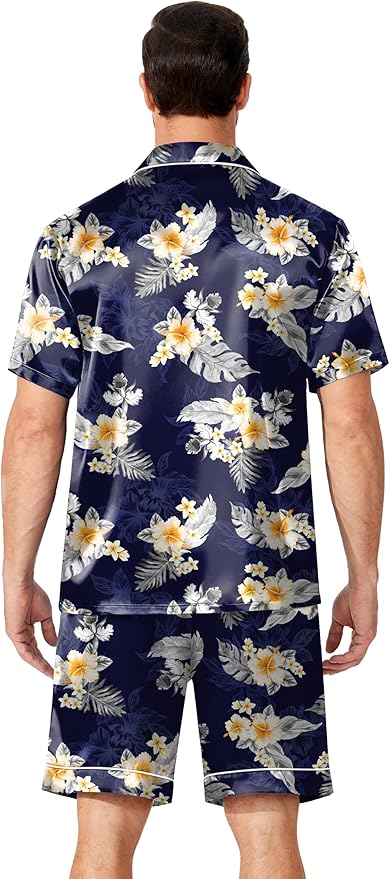 Ekouaer Mens Pajamas Set Silk Satin Sleepwear Short Sleeve Button Down Pjs Set 2 Piece Loungewear with Pockets S-XXL