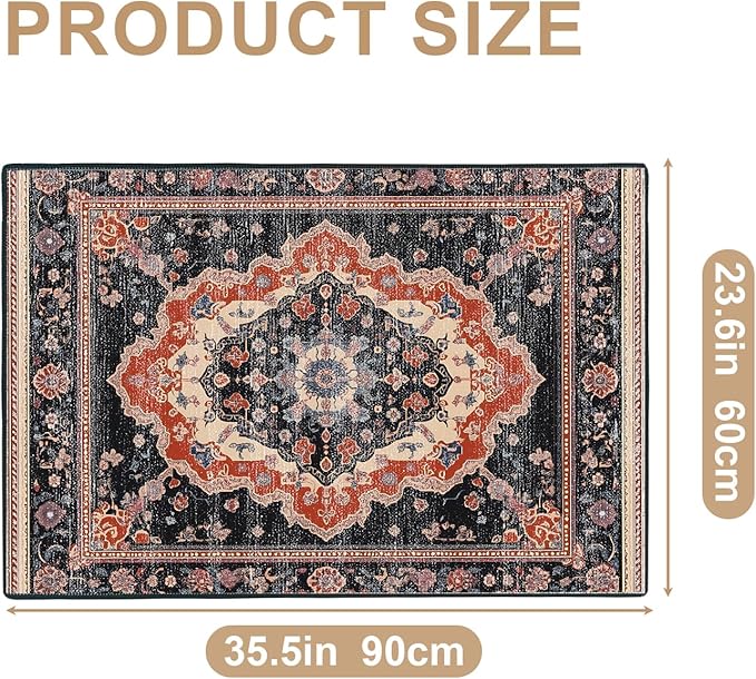 Area Rug 2x3 ft Rug Washable Boho Rugs Non Slip Low Pile Floral Small Carpet for Bedroom, Bedside, Kids Room, Office, Dining Room (Retro Colors, 2x3 ft)