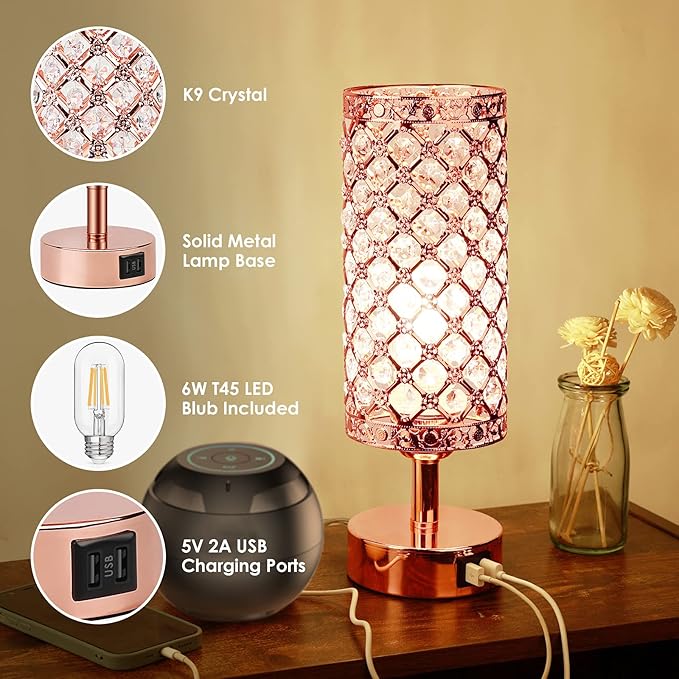UBright Touch Control Crystal Table Lamp 3 Way Dimmable Decorative Bedside Nightstand Lamp with 2 USB Charging Ports Small Touch Light for Living Room Bedroom Home 2 Pack (Bulb Included) (Rose gold)