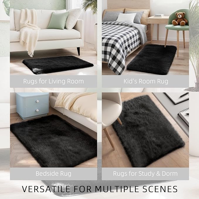 Shag Black Rug, 2x3 Area Rugs for Bedroom Bedside, Ultra-Soft Fluffy Fuzzy Plush Shaggy Furry Rugs for Kids Room, Boys Girls Room, Dorm, Easy Clean Modern Small Carpet
