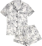 LYANER Women's Silky Satin Pajamas Set Short Sleeve Button Down Shirt With Shorts Pjs Set Sleepwear
