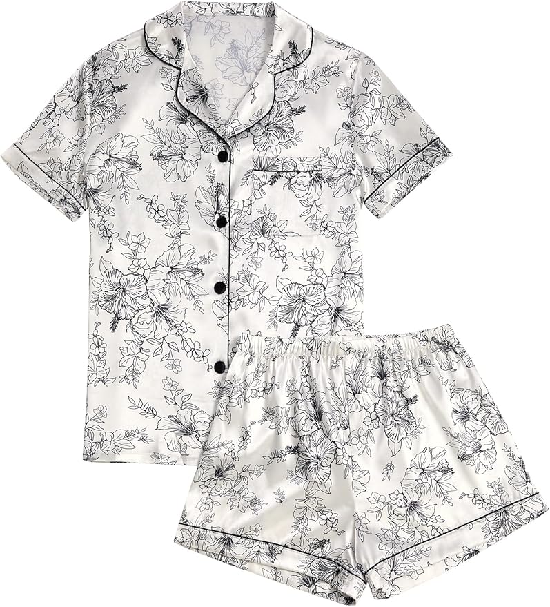 LYANER Women's Silky Satin Pajamas Set Short Sleeve Button Down Shirt With Shorts Pjs Set Sleepwear