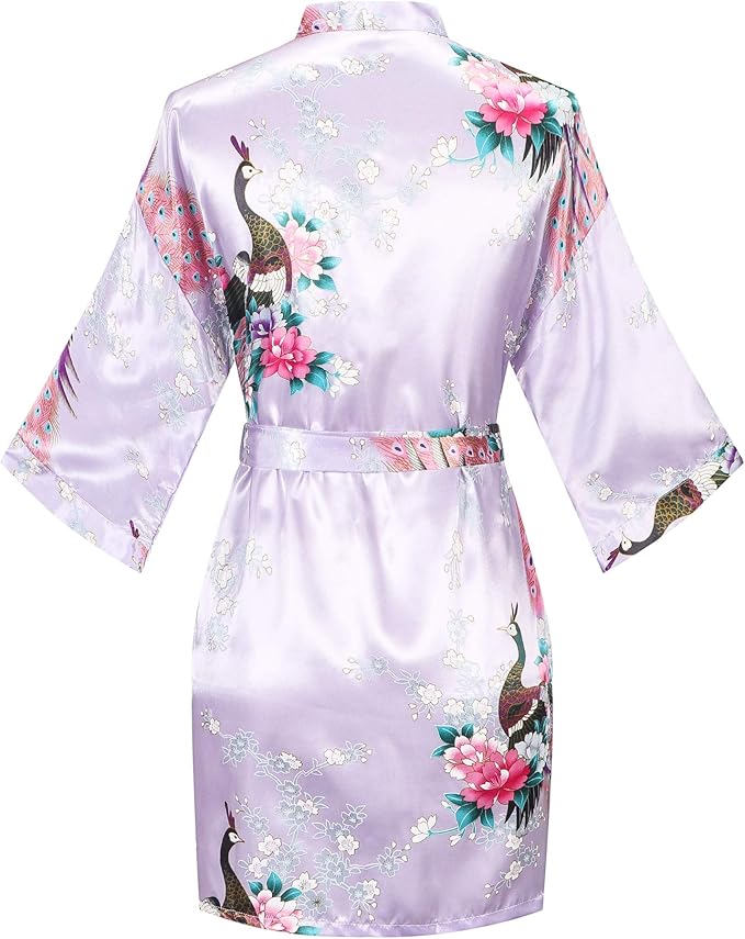 Women's Short Kimono Robes Bride and Bridesmaid Satin Floral Bathrobe Peacock Sleepwear Dressing Gown for Wedding Party